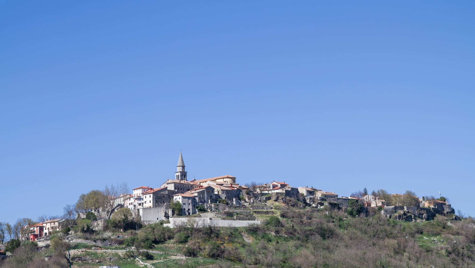 The historic hilltop town of Buje rising above the Istrian countryside.